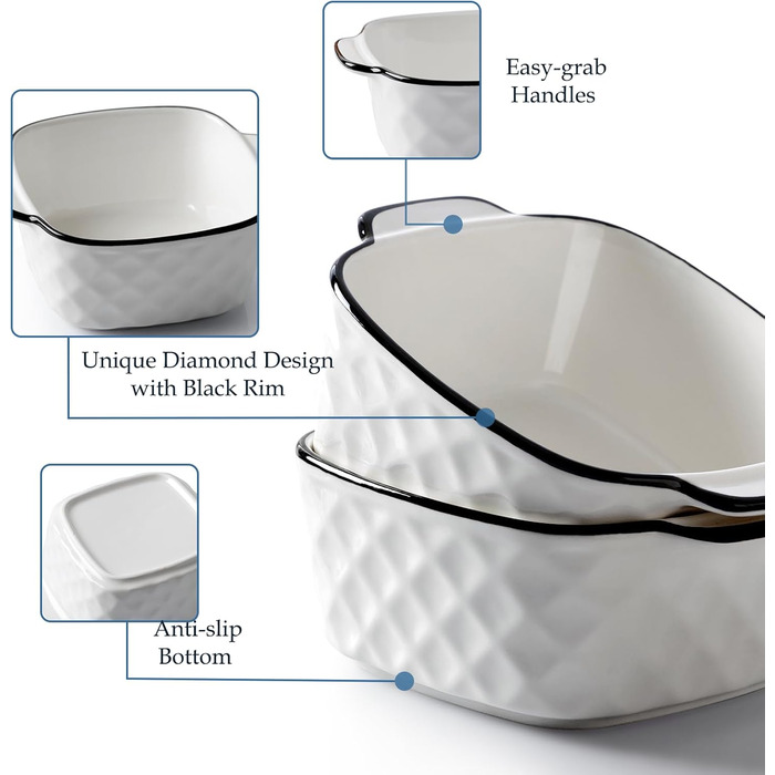 Набір форм для запікання NUTRIUPS 400 мл (4 шт.) з кераміки, 14.5 x 11.5 x 5.5 см, квадратні, з ручками, для духовки та мікрохвильової печі (з візерунком ромбіків)