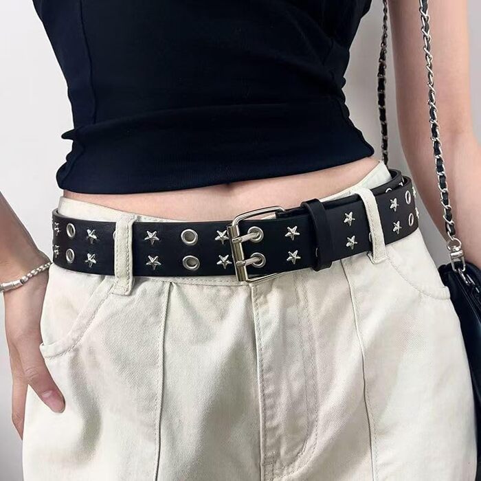 Жіночий шкіряний ремінь Punk з пряжкою, зірочками та дворядною конструкцією (чорний)