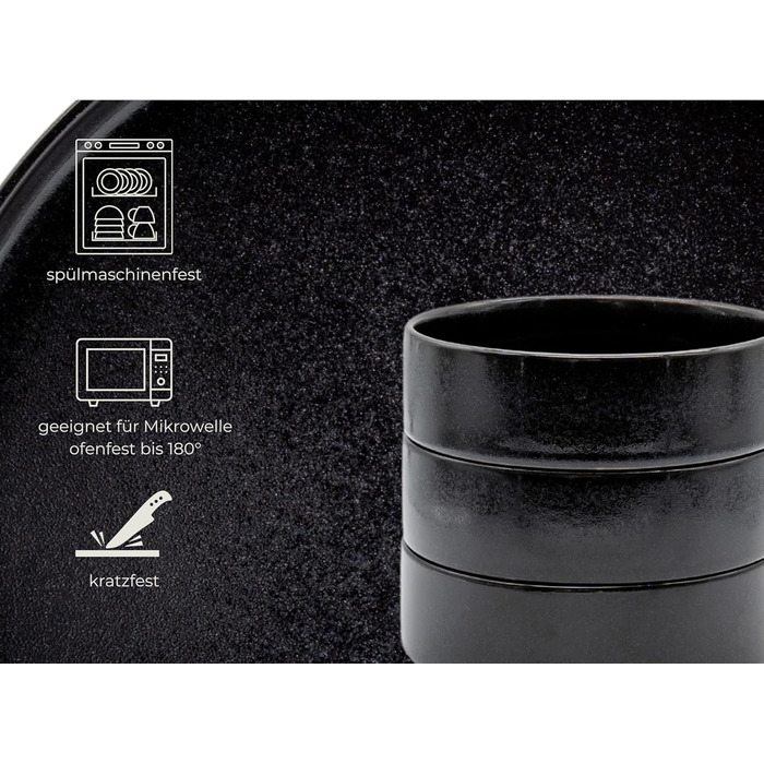Igunja Stoneware Dinnerware Set - 12 Piece Set for 4 People | Reactive Glaze | Matte Black Dinner Set (Handmade, Premium Quality)