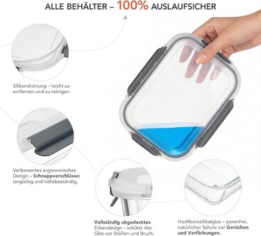 Скляні контейнери для зберігання їжі з кришками набір Frischhaltedosen: Meal Prep, мікрохвильова піч, морозилка, посудомийка, сірі