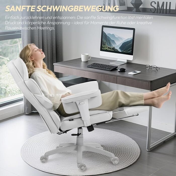 Ігровий крісло Dowinx, ергономічний офісний крісло з кишеньковим пружинним подушкою, крісло для керівника з двошаровою м'якою спинкою та регульованою поперековою подушкою, підлокітниками та підставкою для ніг, комп'ютерне крісло (Білий, тканина)