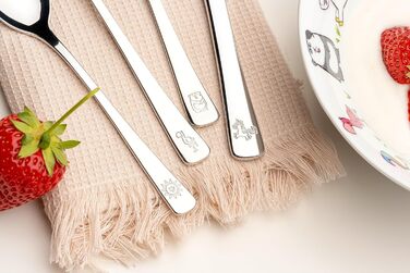 Набір дитячого столового прибору LEONARDO HOME Bambini Avventura 4-piece - нержавіюча сталь, миюча в посудомийній машині, з зображеннями панди, єдинорога, фламінго, з можливістю гравіювання