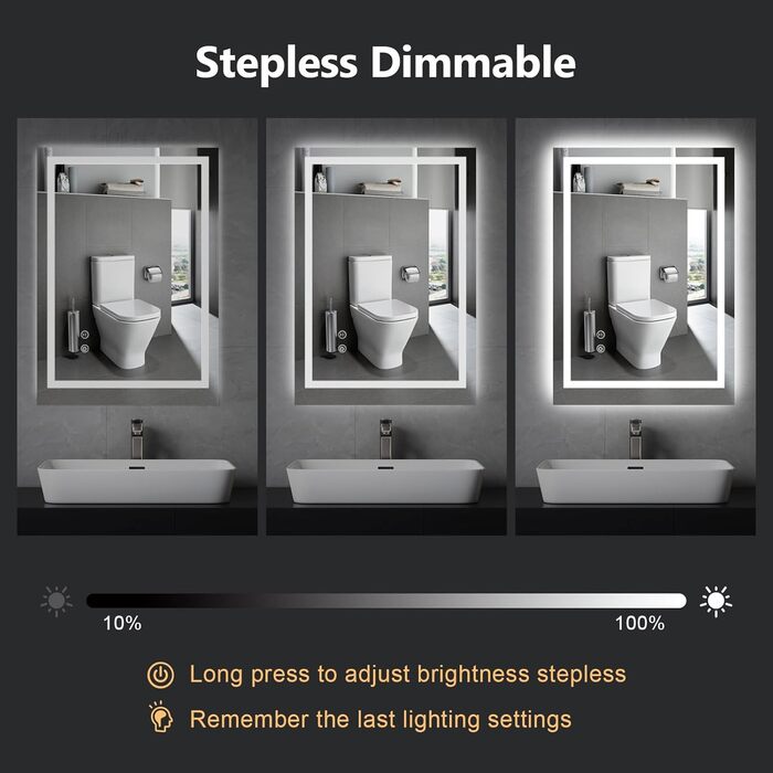 Дзеркало для ванної кімнати зі світлодіодним підсвічуванням 50x70 см, LED дзеркало з сенсорним вимикачем, дзеркало для ванної кімнати, настінне дзеркало для ванної кімнати, 80x60 см з 3-кольоровим регулюванням яскравості