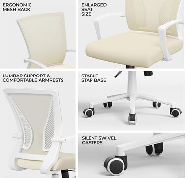 Офісний крісло Yaheetech ергономічне, з сітчастою спинкою, з підлокітниками, для офісу та дому, комп'ютерне крісло, витримує до 136 кг, дихаюче, з функцією гойдання (Бежевий)