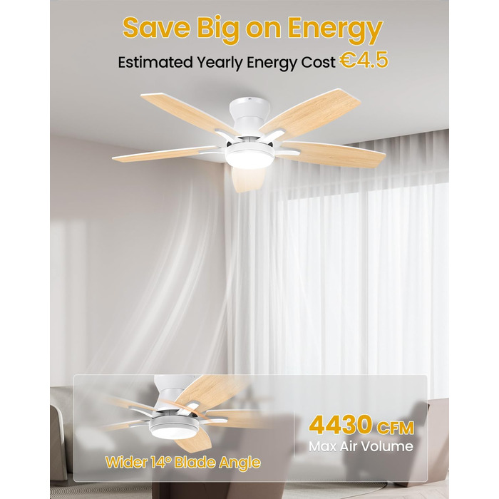 106 см стельовий вентилятор з підсвічуванням та двосторонніми лопатями, тихий вентилятор з LED-лампою та пультом дистанційного керування для спальні/вітальні, DC мотор, колір - світле дерево