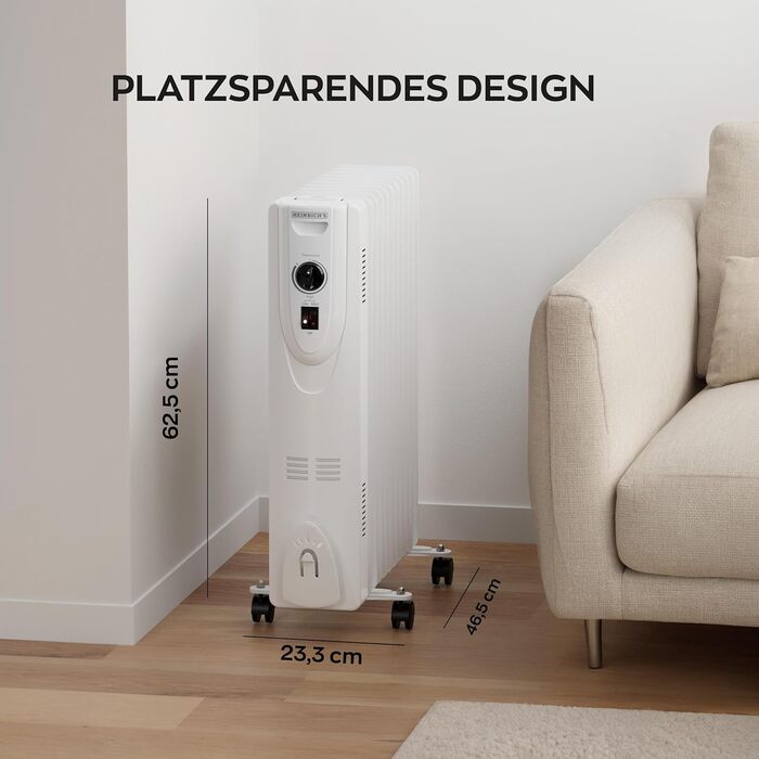 Електричний масляний радіатор Heinrich з 13 ребрами, 2500W, з вентилятором, терморегулятором, захистом від перегріву та нахилу, чорний (білий 11 ребер)