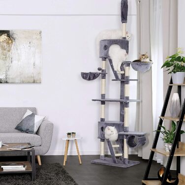 Драбина для котів Lionto XXL з сизалю та плюшу, 230-250 см. Комплектація: іграшкові м'ячики, дзвіночки, гамак, тунель, печери. Підходить для котів будь-якого розміру, сірий колір
