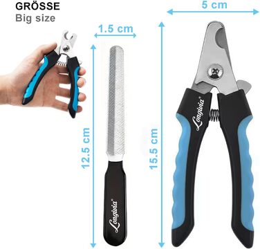 Професійна кусачка для собак та котів 15,5 см з нержавіючої сталі з пилочкою для нігтів. Кусачки для нігтів, висока якість. Для великих та маленьких собак, з захистом від защемлення. Чорно-синій колір.
