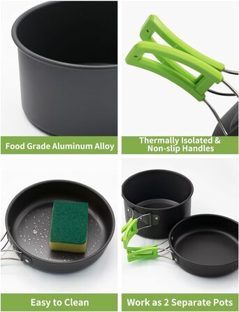 Oushome 16-Piece Camping Cookware Set for 2 People - Portable Cooking Set with Pots, Pans, Kettle, Cups, Plates - Green