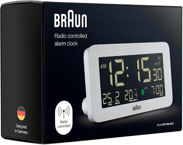 Braun Funk-Digitalwecker for the Central European Time Zone (DCF) with date, month, and temperature display, negative LCD display, and white alarm tone, Model BC10W-DCF.