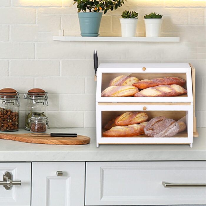 Leader Accessories Бамбуковий хлібний ящик з 2 ярусами, з дощечкою для нарізання, харчовий, легкий у догляді, 50x25x37 см, білий