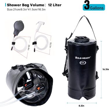 WILD HEAT Camping Shower 12L Portable Shower for Camping with Foot Pump and Shower Bag Backpack for Camping (12L, Black)