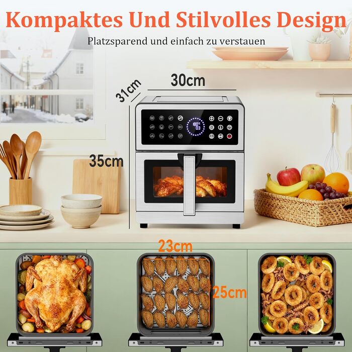 Аерофритюрниця 12л 2 камери 2600W Airfryer XXL срібна - багатофункціональна фритюрниця з верхнім та нижнім нагріванням, вікном та підсвіткою