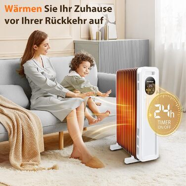 Електричний масляний радіатор Aigostar Snug 2500W з пультом керування, 13 ребер, термостат, 3 режими, ECO, таймер 24г, LED, захист від перекидання та перегріву