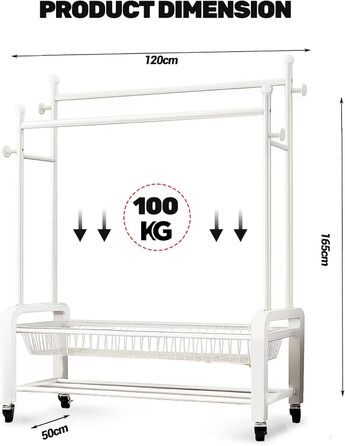Стійка для одягу на колесах, двоярусна, з двома перекладинами (біла)