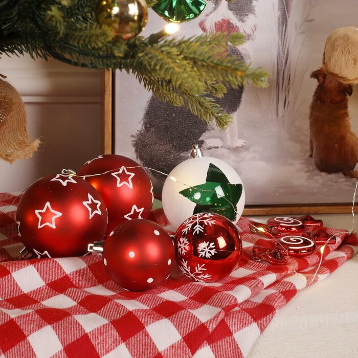 Набір прикрас на ялинку Alupssuc 65 шт. - ялинкові кулі, 4-14 см, пластик, для ялинки, святкування, вечірки, білий, золотий, червоний та зелений