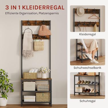 WOLTU Coat Rack Clothes Rail Laundry Rack Shoe Rack with Seat, with 7 Hooks, Made of Wood and Steel, Hanging Shelf, Black Vintage (Black + Rustic Brown)