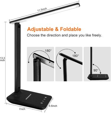 Стійка лампа Jumoking LED з регулюванням яскравості та захистом очей, USB-порт для зарядки, сенсорне керування, 5 кольорів та 5 рівнів яскравості, для дітей, спальні, читання, офісу (чорний)