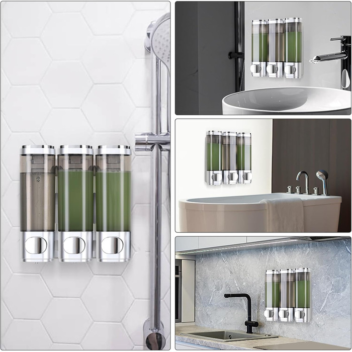 Wall-Mounted Soap Dispenser, Shampoo & Body Wash Dispenser, 3-Piece Soap Dispenser No Drilling Required, Even Liquid Dispensing, Leak-Proof Suitable for Shampoo, Body Wash, Liquid Soap, Conditioner. (Silver)