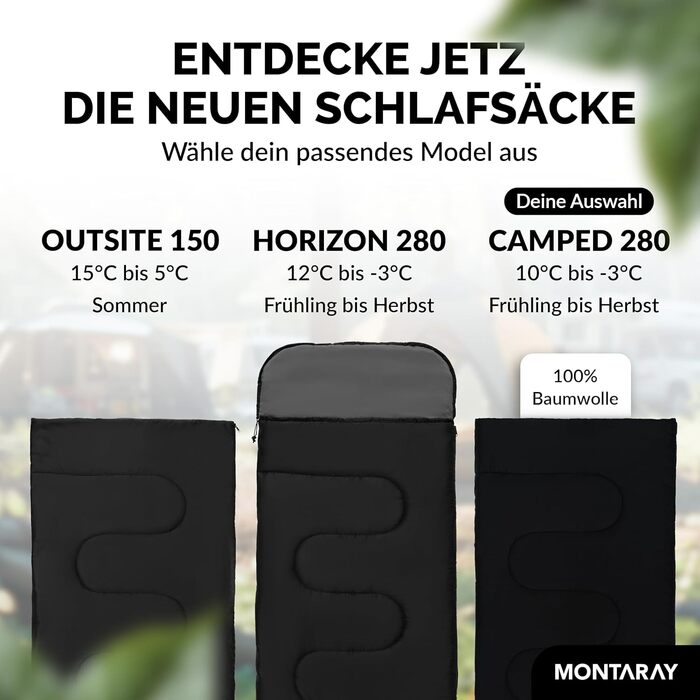 MONTARAY® 100% Cotton Sleeping Bag - Warm Outdoor & Summer Sleeping Bag for 3-4 Seasons - Includes Pillow - Hut Sleeping Bag for Men & Women - Black (75x190cm)