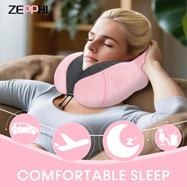 Подушка для шиї у літак - Подорожня подушка з Memory Foam - Подушка-вишенка з м'яким, дихаючим чохлом - Ідеально для кемпінгу, офісу, авто, літака, подушка для сну (Рожева)