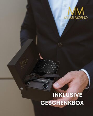 Комплект краватки Massi Morino з нагрудною хустинкою, запонками та затискачем для краватки в подарунковій коробці - Чорна краватка в крапку для весілля