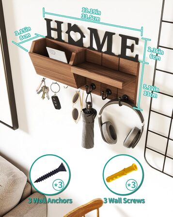 Держатель для ключів HapiRm з декором HOME, дерев'яне ключниця з 7 гачками, з полицею. Підходить для входу, передпокою, спальні, офісу, коричневий