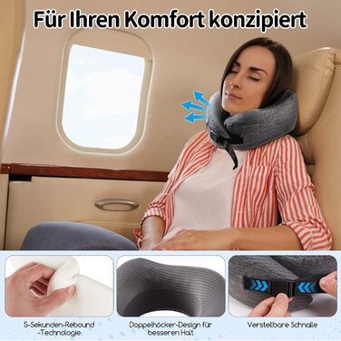 Подушка для шиї у літак, подорожі: Memory Foam, регульована, компактна, з чохлом, навушники, маска для сну (темно-сірий)