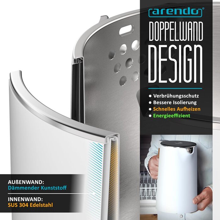 Arendo - Stainless Steel Kettle with Temperature Setting - 45°C-100°C - 1.5 Liter - Double-Walled - BPA Free - Keep Warm Function - Tea Kettle with Temperature Indicator - Cool Touch Handle - Matte White