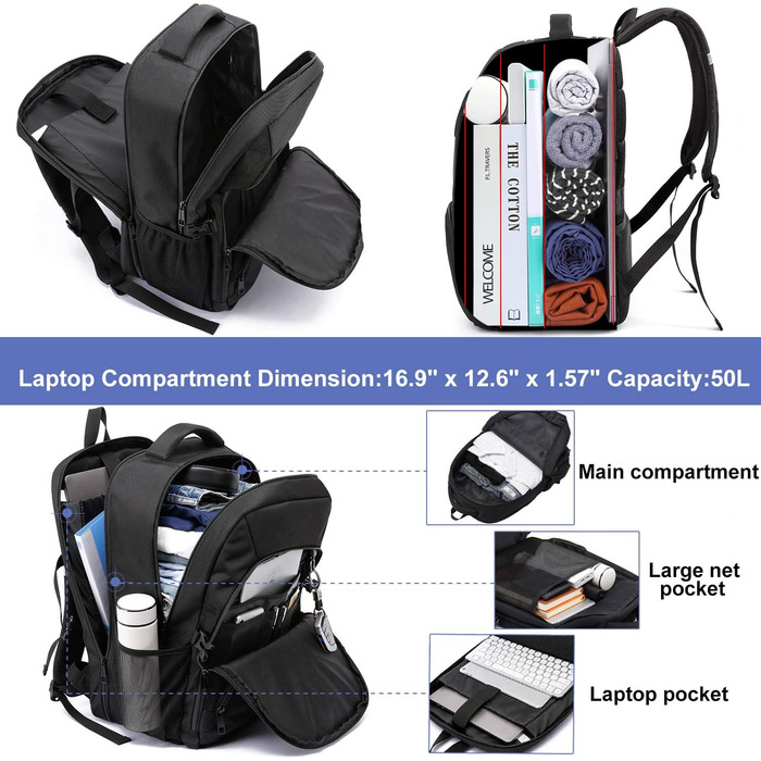 Жіночий рюкзак LIWAG 50L, водовідштовхувальний, з відділенням для ноутбука 17 дюймів, USB-порт, антикрадійний, для роботи, подорожей, школи, фіолетовий