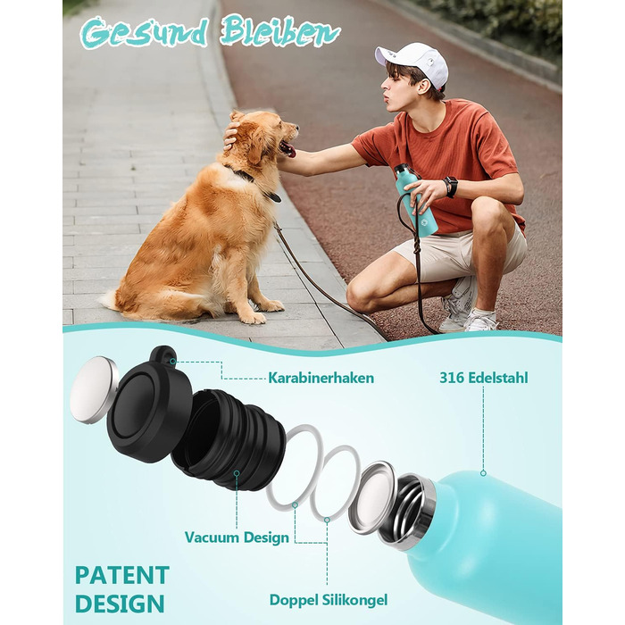 Фляга спортивна Feijian 1л з карабіном - термофляга з нержавіючої сталі, витікає, для води, кави, чаю, без BPA, для спорту, відпочинку, школи, кемпінгу, велосипеда, армійного кольору (світло-зелений, 750 мл)