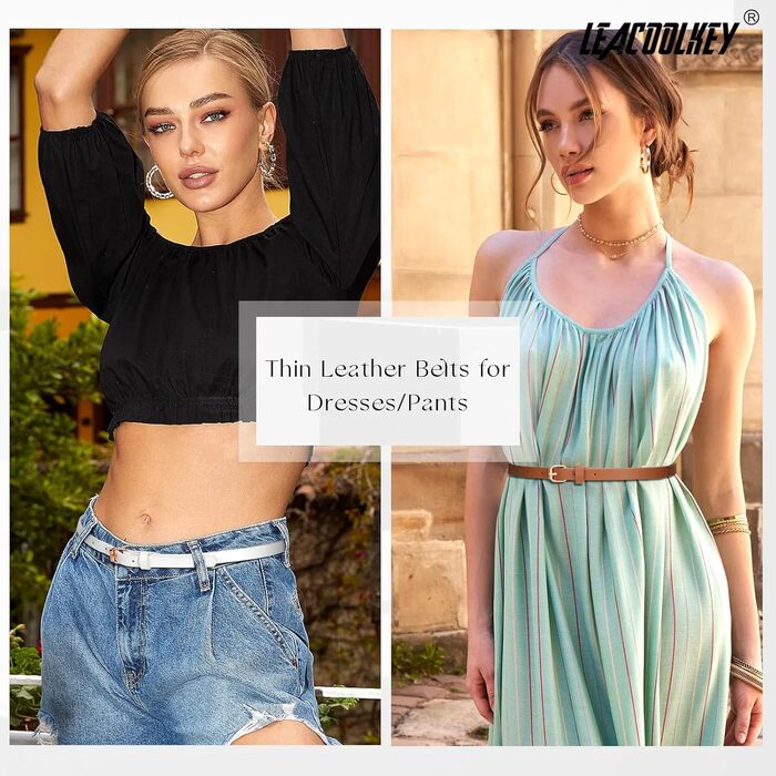 LEACOOLKEY Набір з 4 тонких шкіряних жіночих ременів для суконь та джинсів з золотою пряжкою (100 см) - чорний, коричневий, синій, бежевий