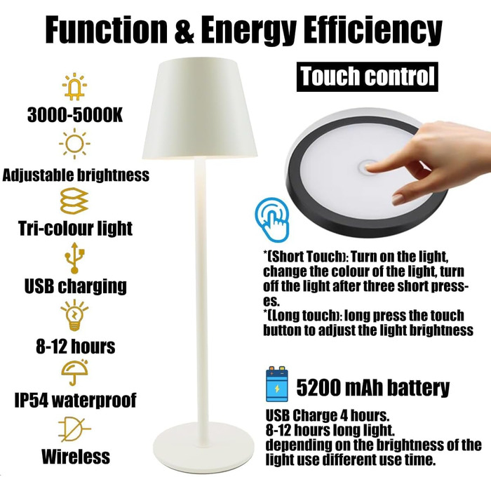 Акумуляторна настільна лампа Vollmetall з LED, 5000mAh, 2 шт., 3 режими світла, сенсорне регулювання, заряджається, для спальні, їдальні, готелю, золота (бежева)