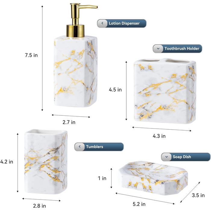 Набір аксесуарів для ванної кімнати (4 шт) – набір білого кольору з дозатором для лосьйону, тримачем для зубних щіток, склянкою та мильницею – блискуча поверхня (мармур, білий)