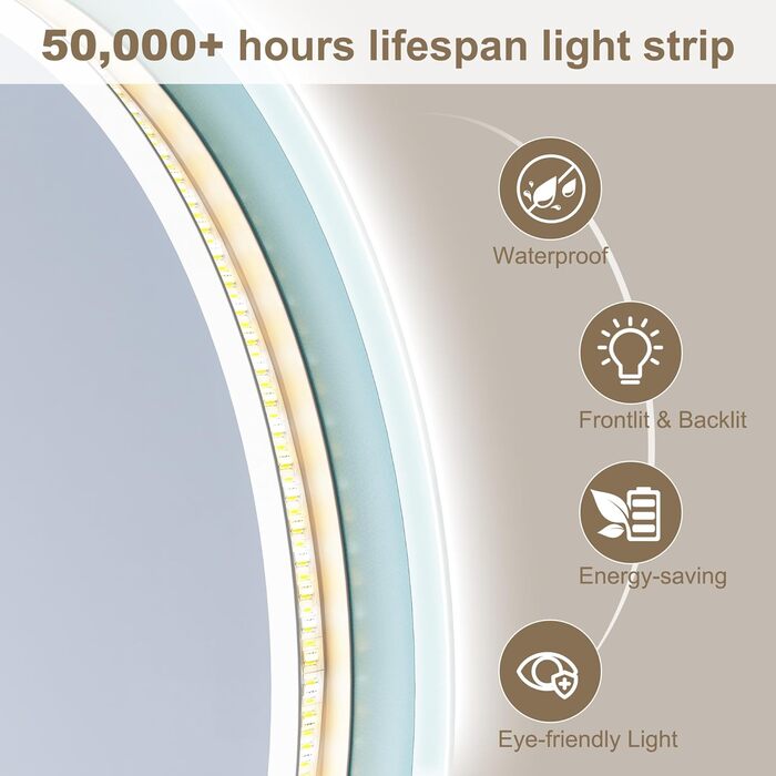 Дзеркало для ванної кімнати STARLEAD 60см з LED-підсвічуванням, регульована яскравість, 3 колірні температури, протитуманна функція, пам'ять налаштувань, HD скло, IP44, вологостійке, сріблястий колір (без Bluetooth)