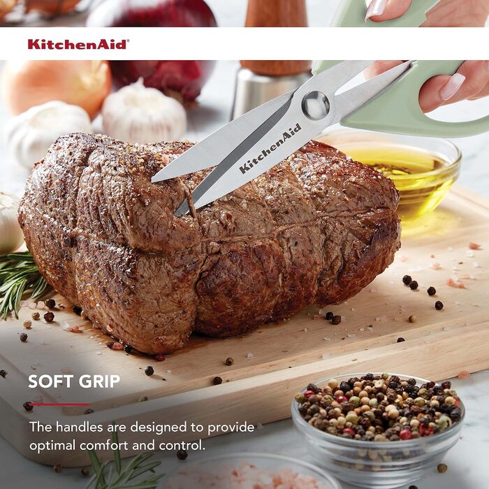 Універсальні кухонні ножиці KitchenAid з чохлом, зносостійкі з нержавіючої сталі, можна мити в посудомийній машині, ергономічна м'яка ручка, 22,6 см, колір фісташковий