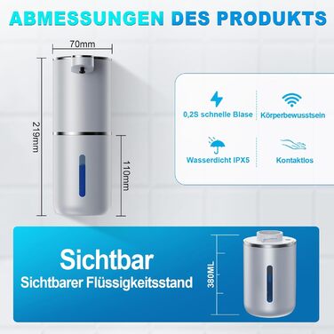 Автоматичний диспенсер для мила Amyzavls, 380 мл, USB, сенсорний, настінний, для ванної, кухні, офісу