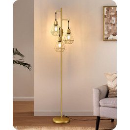 LED торшер Edishine для вітальні, ретро стиль, 3 лампи, диммування, 4W E27, регулювання поворотною ручкою, індустріальний декор з металевим абажуром-сіткою, 2700K, висота 166 см, золотий