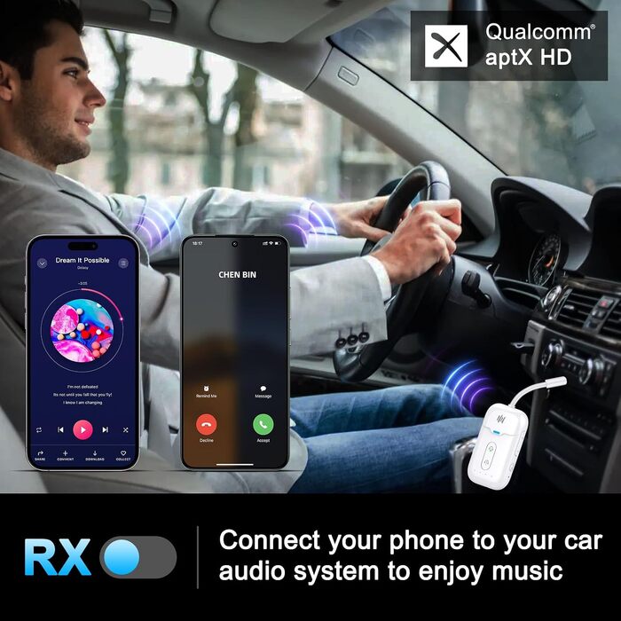 Bluetooth адаптер-трансмітер та ресивер 2-в-1 для літака та аудіосистем, версія 5.4, aptX, 3.5мм Jack (білий)