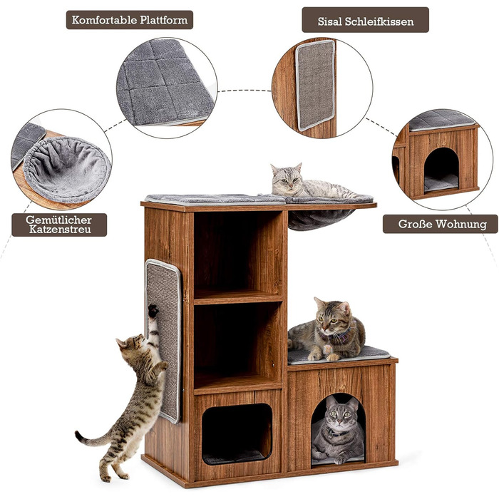 Кігтеточка для котів COSTWAY з будиночком та килимками, дерев'яний дім-кігтеточка, активний комплекс для котів 69x39x80,5 см, вінтажний стиль