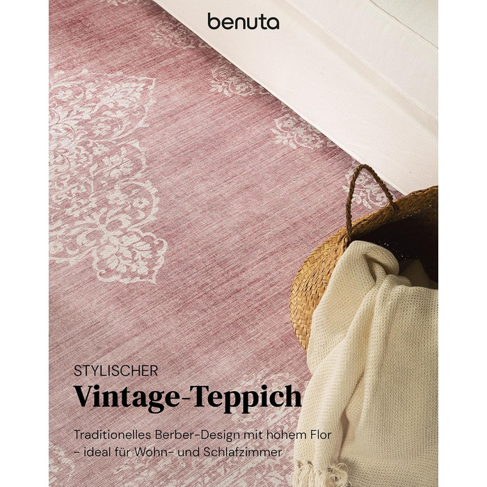 benuta pop Laury Rug - Synthetic Fiber - Rectangular & in Vintage Style - Easy Care for Living Room Bedroom, Pink, 200x300 cm 200 x 300 cm (Rectangular) Pink