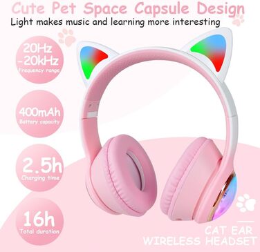 Дитячі навушники AXFEE з Bluetooth, котячі вушка, LED-підсвічування, Over-Ear, стерео, бездротові, з мікрофоном, Micro SD/TF, для телефону/планшета/ПК