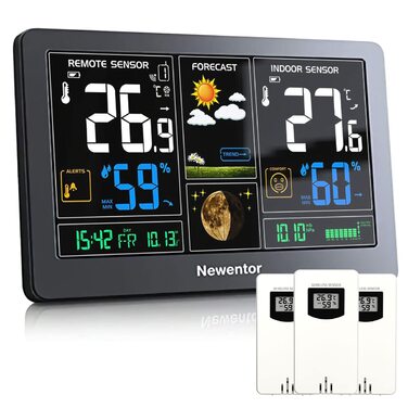 Newentor Weather Station Radio with 3 Outdoor Sensors - Radio Weather Station with Weather Forecast, Temperature Warning, DCF Radio Clock - Battery Powered and Mains Powered, Black 1*Station + 3*Outdoor Sensor Black
