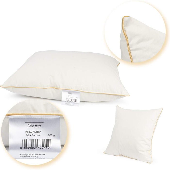 H&F Heimtextilien 4-Pack Feather Pillow 50x50 cm | 700g Feather Filling | Pillow with OekoTex Certification | Cover: 100% Cotton