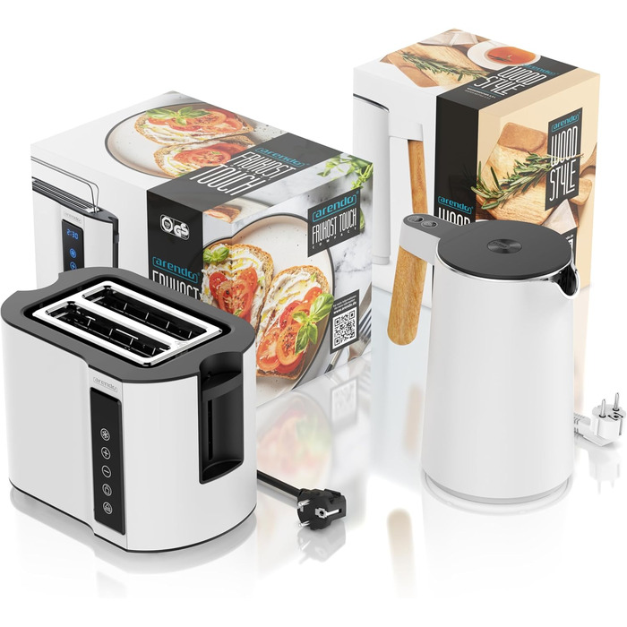 Набір Arendo: чайник з регулюванням температури та тостер на 4 скибочки з підігрівом для булок – нержавіюча сталь, білий матовий