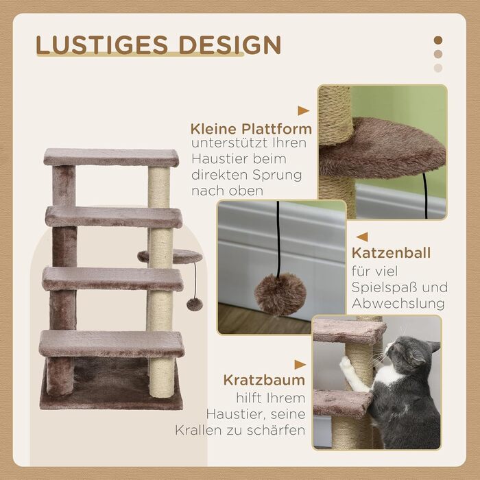 PawHut 3-Step Pet Stairs with Scratching Posts, Ball, Dog Stairs, Pet Stairs for Cats up to 5 kg, Plush Jute, White, 45 x 40 x 48 cm (60L x 40W x 64H cm, Brown)