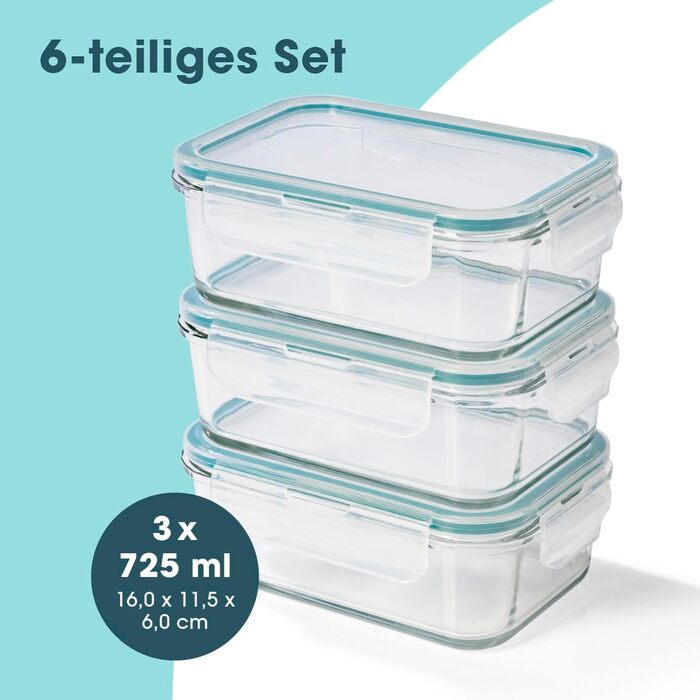 Gourmetmaxx Набір контейнерів для зберігання їжі Glas-Frischhaltedosen 6 шт. (0,725 л) сині - для Meal Prep, мікрохвильовки, морозильника