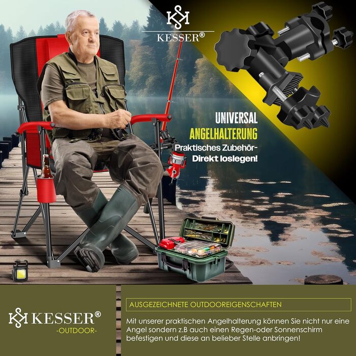 Крісло для кемпінгу KESSER® з високою спинкою, 160 кг, з підлокітниками, тримачем для напоїв та світлом | Стільці для риболовлі, відпочинку на пляжі