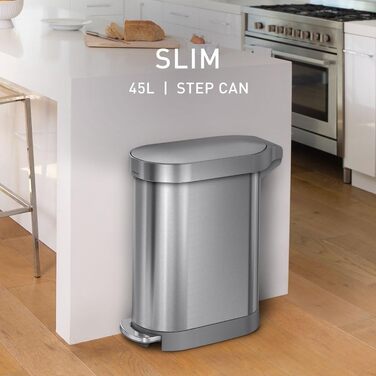 Вузький сенсорний сміттєвий відер simplehuman CW2044 на 45 л для кухні, система сортування відходів, нержавіюча сталь, сріблястий