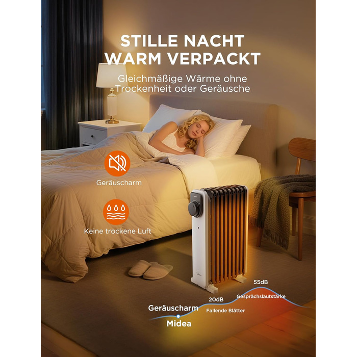 Електричний масляний радіатор Midea 2000W з 9 ребрами, термостатом та захистом від перегріву, 3 режими нагріву, тихий, для дому та офісу